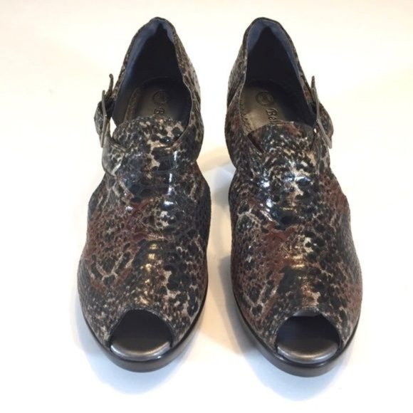 Bella Vita Womens Snake Print Open Toe Pumps Black Brown Leather Buckle size 6 - Picture 2 of 11